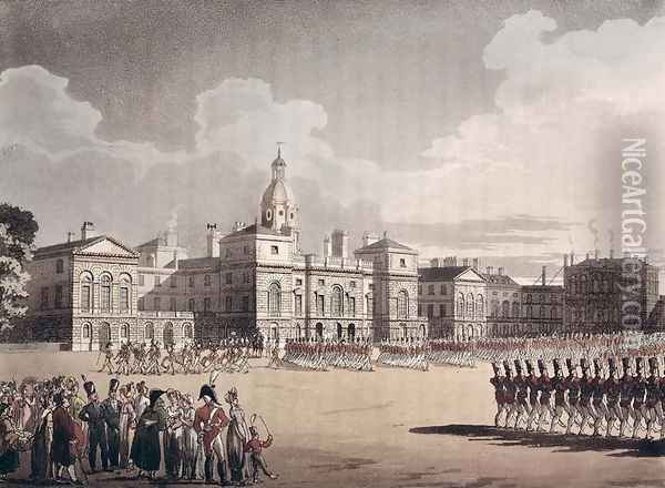 Mounting Guard at St. Jamess Park, engraved by J. Bluck, pub. 1809 by Ackermanns Repository of Arts Oil Painting - T. Rowlandson & A.C. Pugin