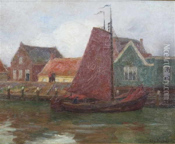 Een Volendamse Visserboot Aan De Kade Oil Painting - Edgard Farasyn
