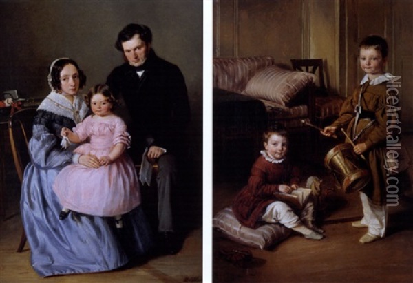 Die Gluckliche Familie (+ Zwei Kinder Mit Trommel; Pair) Oil Painting - Johann Friedrich Dietler
