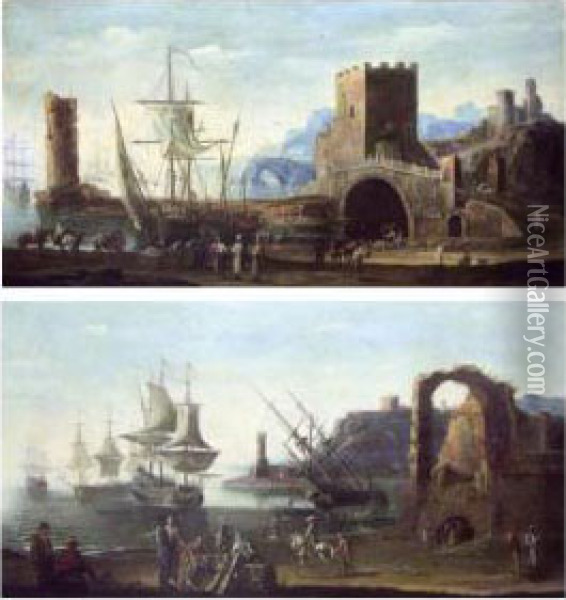 Marchand Et Pecheurs Dans Un 
Port Mediterraneen - L'embarquement Dans Un Port Mediterraneen. Oil Painting - Johann Eismann