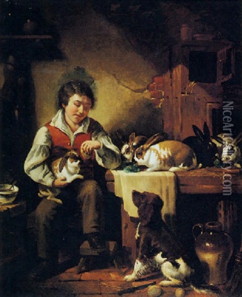 A Young Boy With His Pet Rabbits And Dog Oil Painting - Thomas Brooks