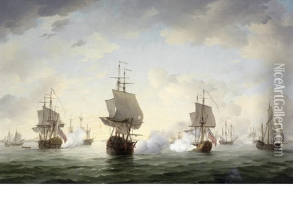 The Celebrated English Privateer Squadron Known As The Royal Family Engaging Enemy Ships During The War Of The Austrian Succession Oil Painting - Charles Brooking