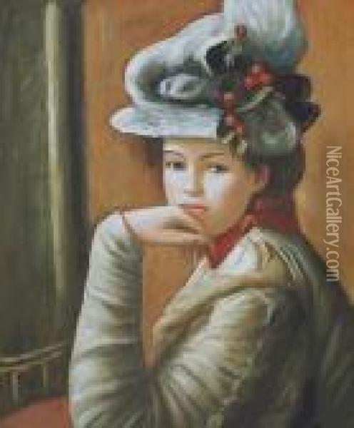 Young Girl With A White Hat Oil Painting - Pierre Auguste Renoir