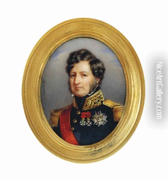 Louis Philippe I (1773-1850), King Of The French, In Black Coat With Gold Embroidered Oak Leaf Collar And Gold Epaulettes, Wearing The Red Moire Sash Oil Painting - Francois Meuret