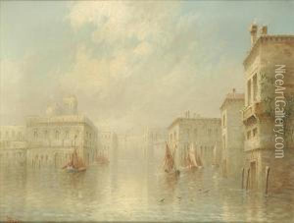Venice, Fishingboats In Early 
Morning Mist, St Mark's Basilica And Campanilebeyond A Pair Oil Painting - James Salt