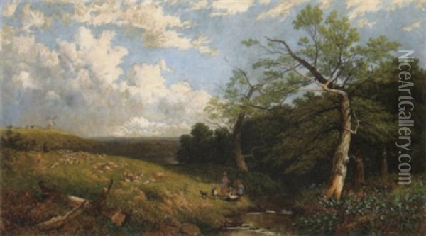 A Country Landscape With Figures And Children By A Stream And A Farmhouse In The Distance Oil Painting - John Holland