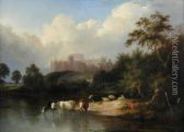 Extensive River Landscape With Windsor Castle Oil Painting - Edward Jr Williams