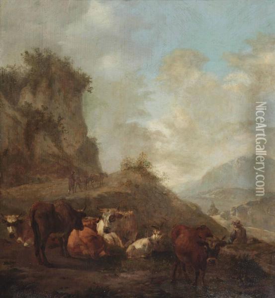 A Mountainous Landscape With Herdsmen And Their Cattle Oil Painting - Abraham Jansz Begeyn