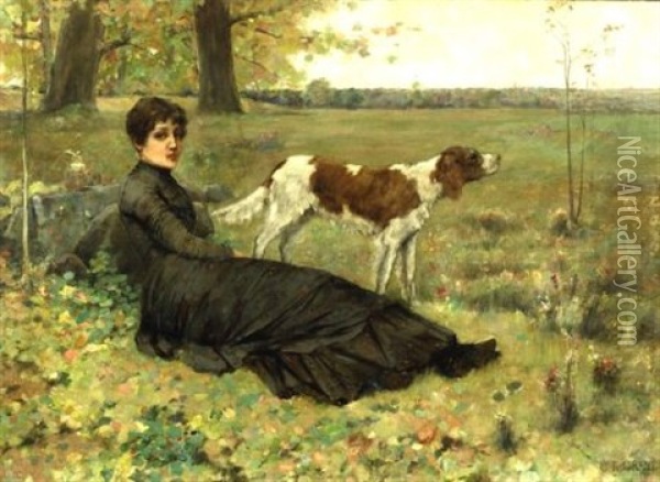 Autumn Repose/portrait Of A Woman And Dog In A Landscape Oil Painting - Clement Rollins Grant