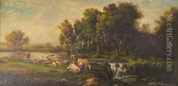 Paesaggio Fluviale Con Armenti E Pastore Oil Painting - Antonio M. Brancaccio