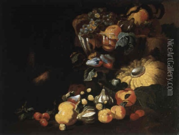 Frutta E Uno Scimmiotto Oil Painting - Giovanni Paolo Castelli (lo Spadino)