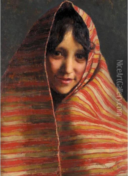 A Roman Flower Girl Oil Painting - Harrington Mann
