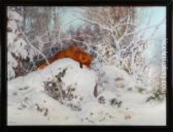 A Winter Scenery With A Fox. Signed Oil Painting - Carl Brandt