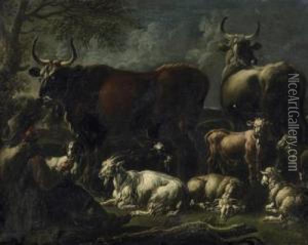 Shepherd With Goats, Sheep And Bullocks Oil Painting - Gaetano De Rosa