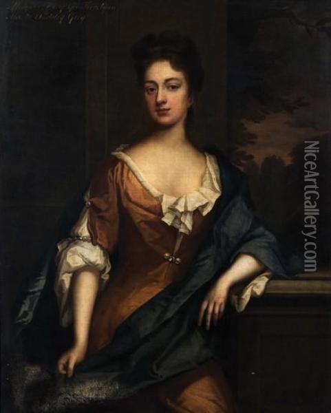 Ritratto Di Margaret Trevelyan,con Abito Rosso E Manto Azzurro Oil Painting - Sir Godfrey Kneller