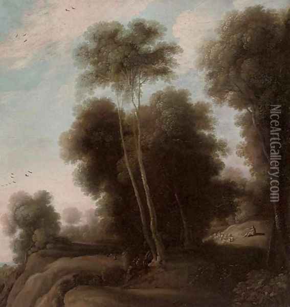 A wooded landscape with a shepherd and his flock on a track Oil Painting - Cornelis Vroom