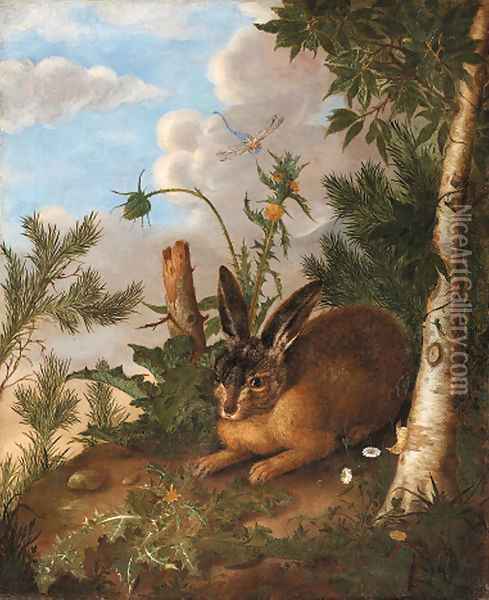 A hare and a dragonfly in a landscape Oil Painting - German School