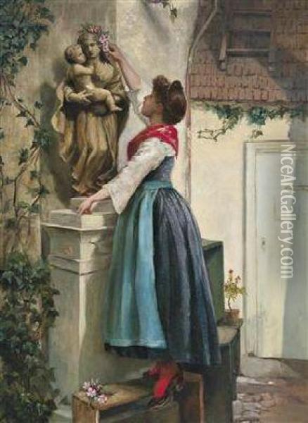 Floral Tribute For The Statue Of Mary Oil Painting - Kinzel Jozef