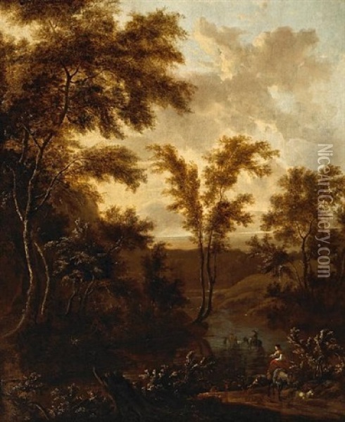 An Italianate Landscape With Animals And Figures Fording A River Oil Painting - Frederick De Moucheron