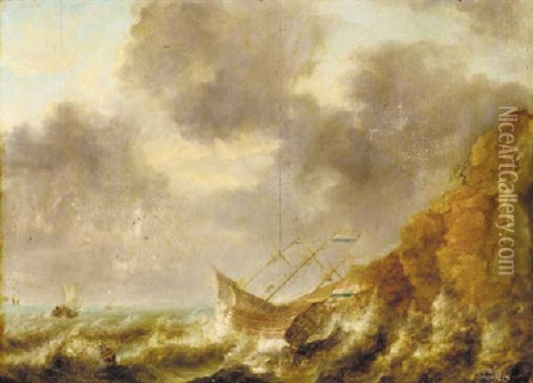 A Shipwreck Off A Rocky Coastline Oil Painting - Jan Peeters the Elder