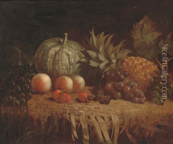 Grapes, Peaches, Strawberries, A Pineapple And A Melon, On A Wicker Mat Oil Painting - George Lance