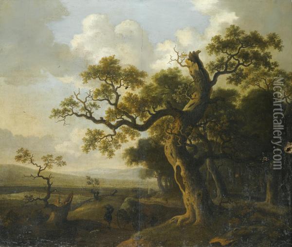 Landscape With A Wagon Near An Oak Tree Oil Painting - Barend Appelman