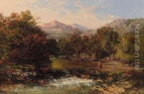 An Angler In A Wooded River Landscape Oil Painting - Charles Brooke Branwhite