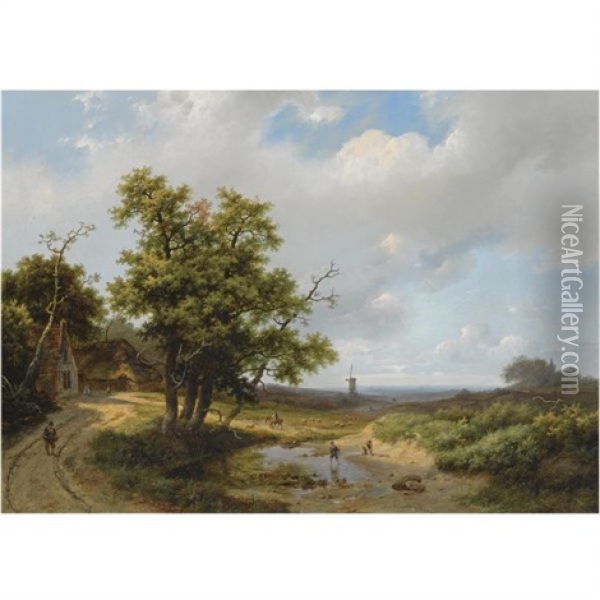 Travellers In An Extensive Summer Landscape Oil Painting - Marinus Adrianus Koekkoek