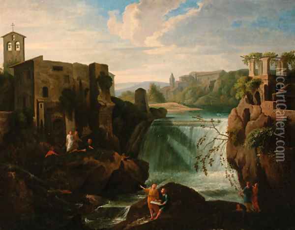 A river landscape with figures before a waterfall Oil Painting - Francesco Zuccarelli