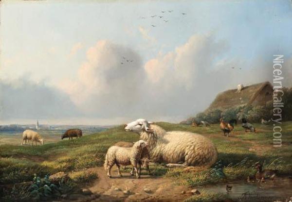 A Pastorale Landscape With Sheep, Chickens And Ducks Oil Painting - Frans Van Leemputten
