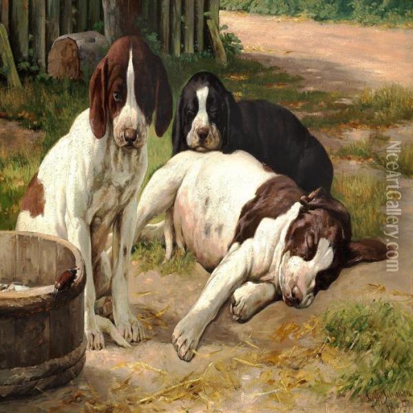 Three Pointer Puppies, One Is Looking At A Beetle Oil Painting - Simon Simonson