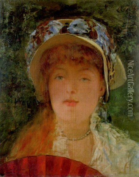 Portait De Jeune Femme Au Chapeau Et A L'eventail Oil Painting - Henri Gervex