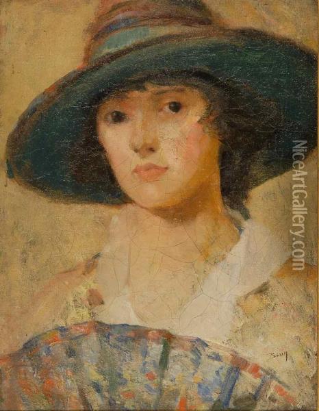 Lady With A Fan. Signed Lower Right Blum Oil Painting - Robert Frederick Blum