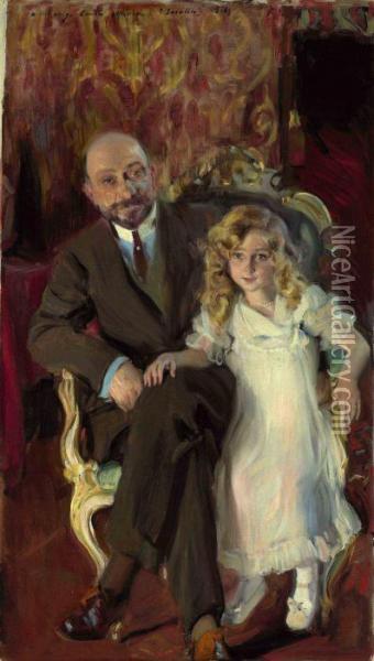 Portrait Of Carlos Urcola Ibarra With His Daughter, Eulalia Oil Painting - Joaquin Sorolla Y Bastida