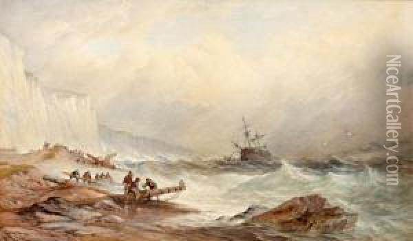 A Coastal Scene, Salvagers At Work Below Chalk Cliffs, A Ship In Distress Nearby Oil Painting - Thomas Sewell Robins