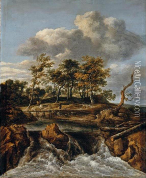 Landscape With A Waterfall, A Footbridge And Trees At The Margin Of A Wood Beyond Oil Painting - Jacob Van Ruisdael