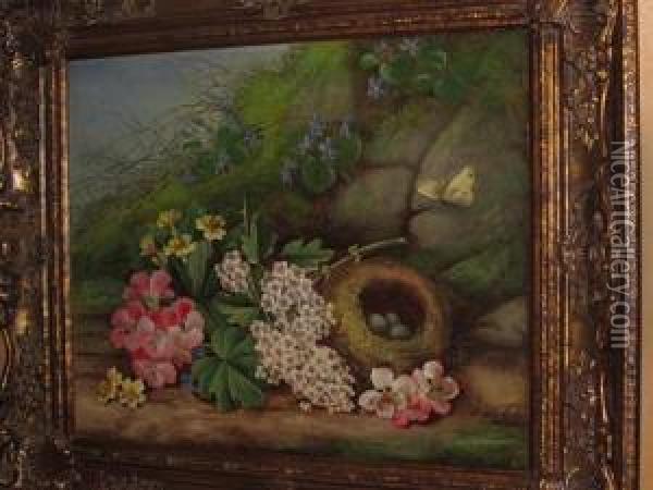 Still Life Of Flowers And Birds Nest With Eggs Oil Painting - Edwin Steele