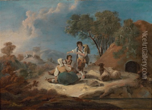 A Landscape With A Family Of Shepherds Oil Painting - Jean Baptiste Pillement