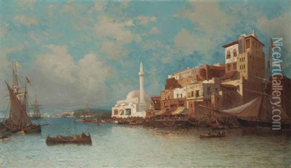 A Harbor In The Orient Oil Painting - Jean Baptiste Henri Durand-Brager
