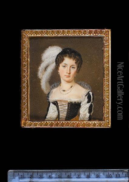 A Young Lady, Wearing Black Laced Bodice Over White Dress With Sleeves Slashed To Reveal Black And Lace Collar, Striped Ochre-coloured Skirt, Jewelled Necklaces, Pearl Earrings And Black Velvet Bonnet Trimmed With Large White Ostrich Feathers . Oil Painting - Amelie, Nee Dautel Daubigny