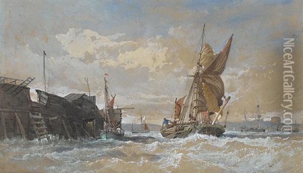 A Ketch-rigged Barge In Choppy Waters In Themedway, With Rochester Castle Beyond Oil Painting - Henry Andrews