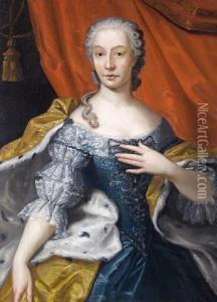 Portrait Of A Lady, Three-quarter-length, Inan Embroidered Blue Silk Dress And An Ermine Mantel, Standingbefore A Red Curtain Oil Painting - Martin II Mytens or Meytens