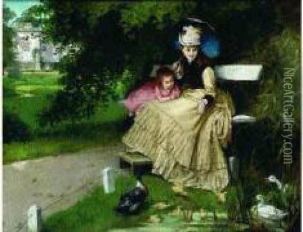 Dans Le Parc Du Chateau : Femme Et Sa Fille Devant Une Mare Animee Aux Canards Oil Painting - Friedrich Franz Ma. Stummel