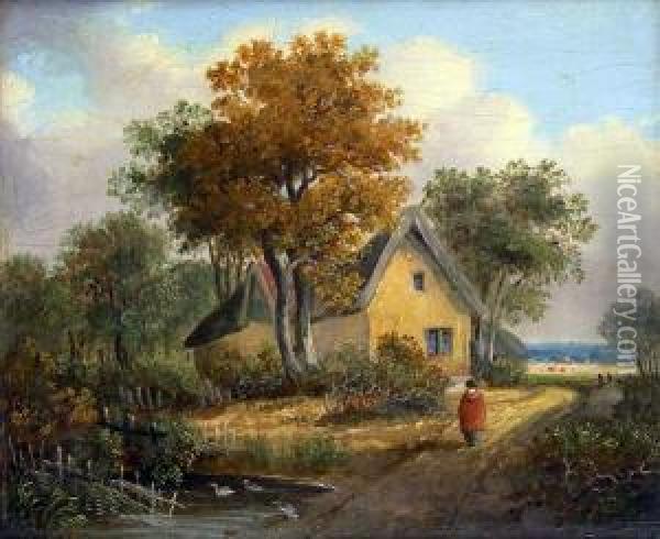 Homeward Bound, Figure Approaching A Cottage On A Poolside Path Oil Painting - Samuel David Colkett