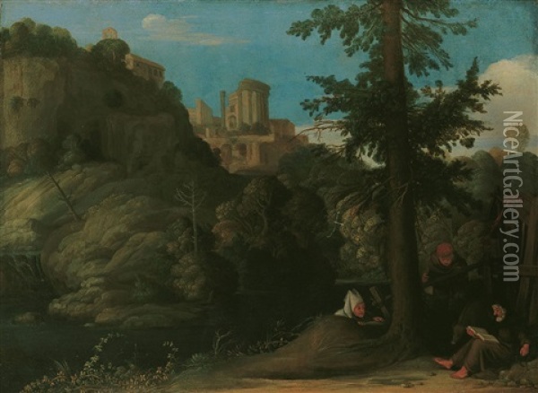 Landschaft Bei Tivoli Mit Drei Eremiten Oil Painting - Johann (Hans) Konig