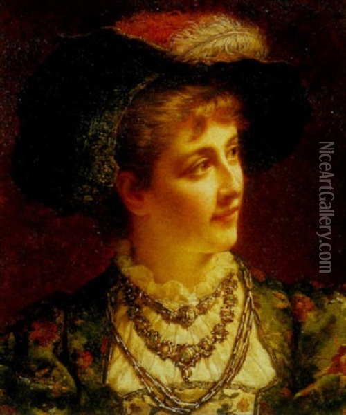A Portrait Of A Lady With A Plumed Hat Oil Painting - Edward Antoon Portielje