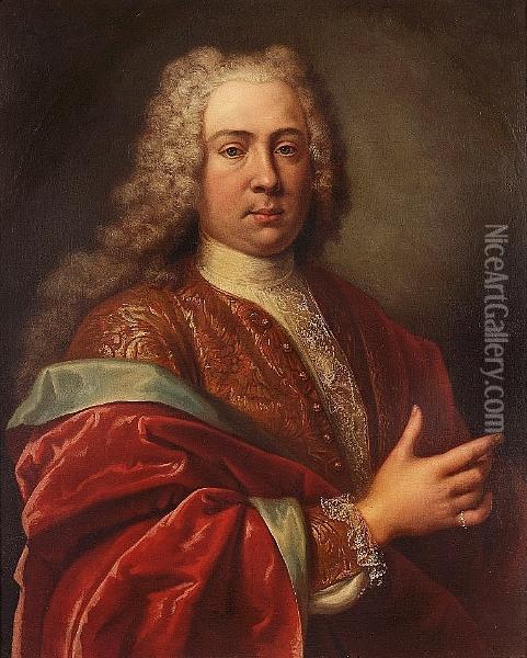 Portrait Of A Gentleman, 
Half-length, In A Gold Embroidered Coat And A Red Wrap With Pale Blue 
Lining Oil Painting - Louis Tocque