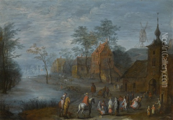 A River Passing Through A Village With Travellers And Figures Making Merry Oil Painting - Joseph van Bredael