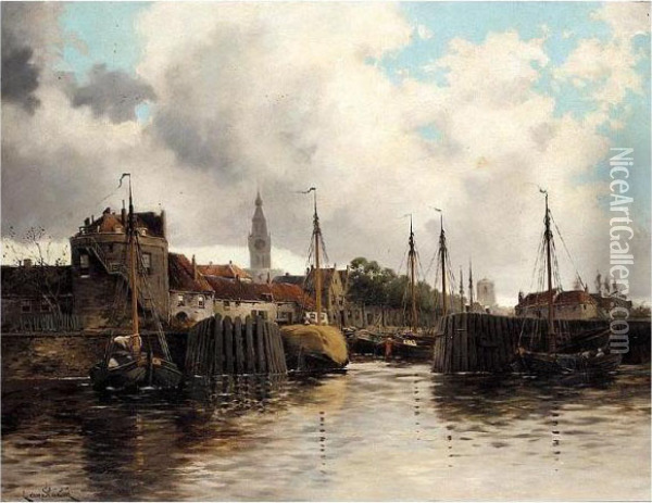 Hay Barges In Harbour Oil Painting - Hermanus Jr. Koekkoek