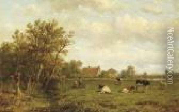 Cows In A Meadow Oil Painting - Anthonie Jacobus Van Wyngaerts